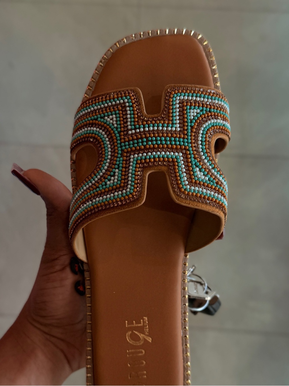 Rouge Helium Brown Slide Sandal with Turquoise & White Beadwork